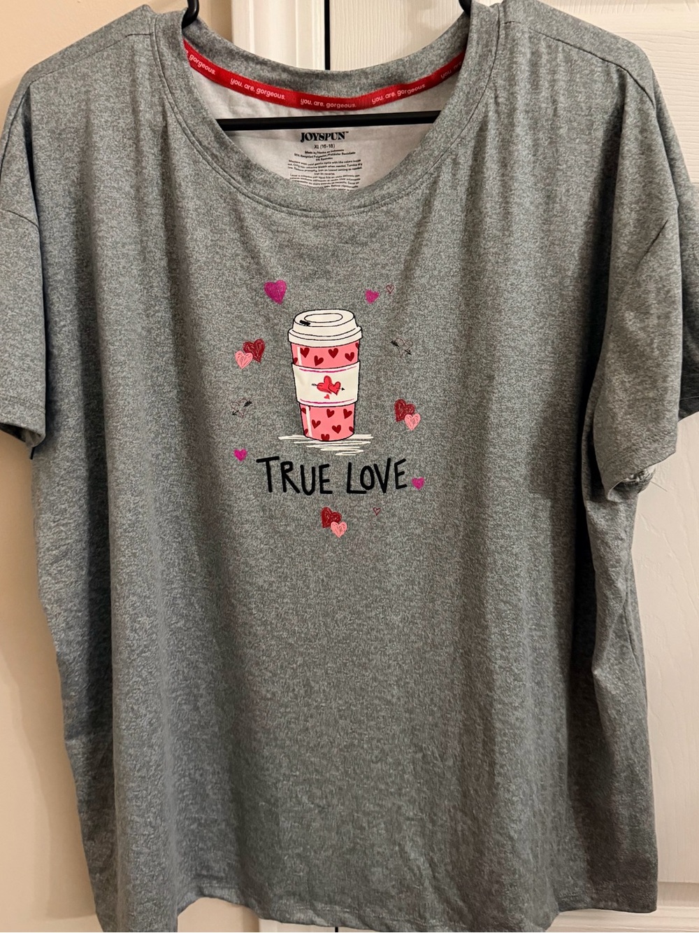 Woman’s Joyspun Grey Short Sleeve Lightweight Coffee Themed Shirt Size XL